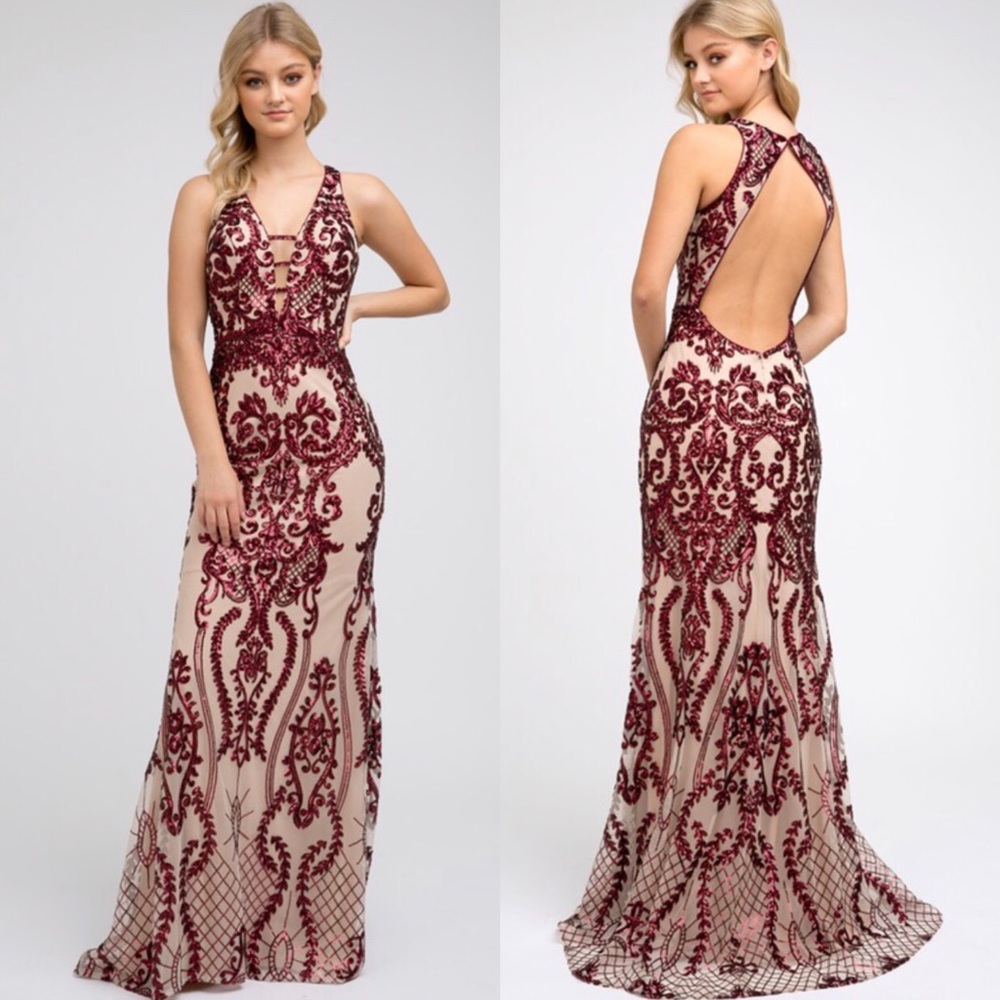 Burgundy Sequin Prom Evening Gown. XS- 3XL.